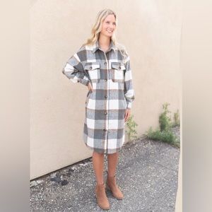 Staccato Flannel Gray Tan Plaid Midi Dress